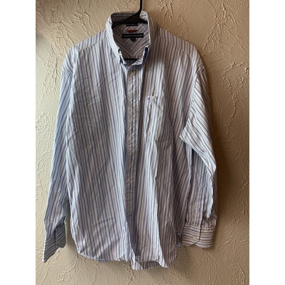 Tommy Hilfiger Mens Dress Shirt Blue Long Sleeve Striped 80s 2-PLY Large